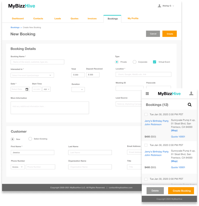 MyBizzHive’s booking management CRM dashboard to manage all your bookings